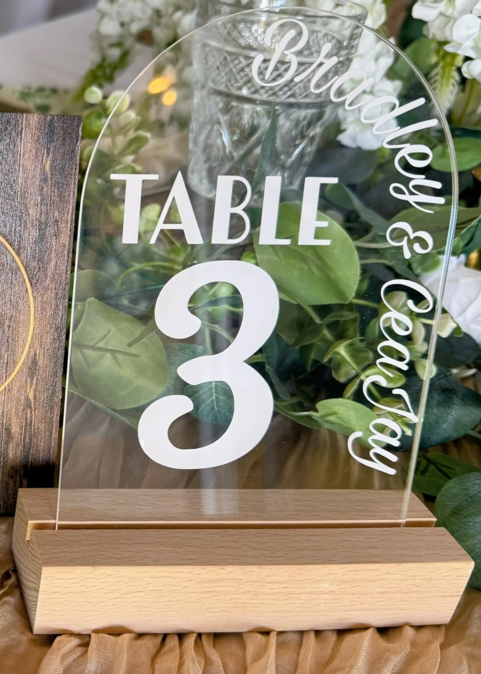 Arched Acrylic Custom Table Number Signs With LED Light Up Wooden Bases