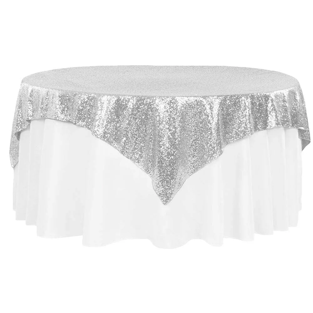 Glitz Sequin Table Overlay Topper 72"x72" Square - Silver