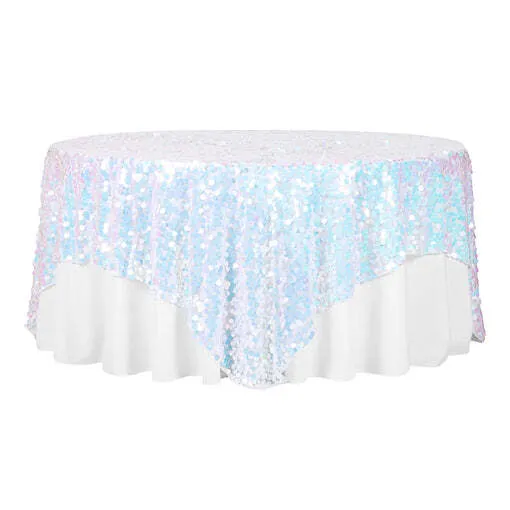 Large Payette Sequin Table Overlay Topper 90"x90" Square - Iridescent White
