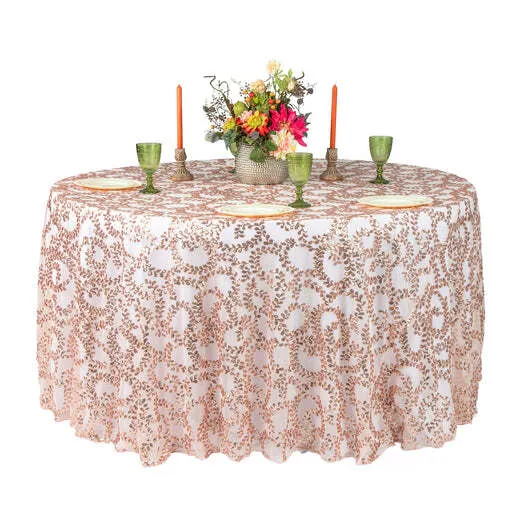Sequin Vine Tablecloth Overlays 120" Round - Blush/Rose Gold