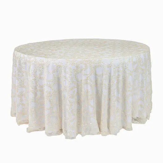 Sequin Vine Tablecloth Overlay 120" Round - Light Ivory/Off White