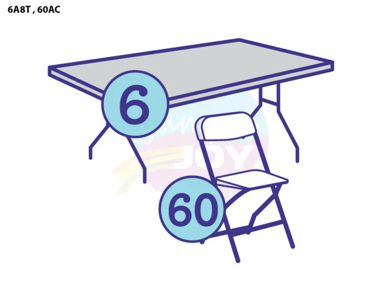 6 Adult 8' Rectangular Tables, 60 Adult Chairs