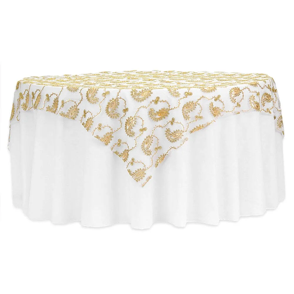 Paisley Sequin Table Overlay Topper 85"x85" Square - Gold