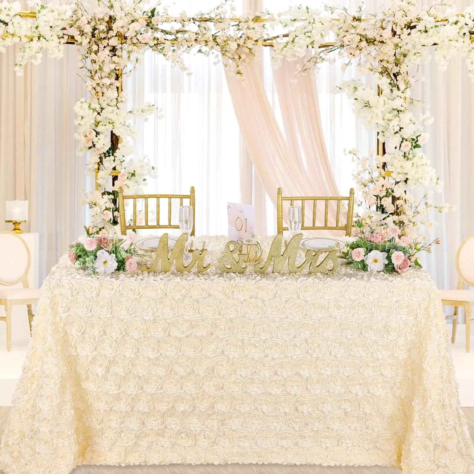 Large Rectangle Rosette Table Cover (8 foot table, Ivory)