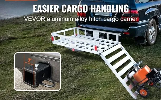 VEVOR Hitch Cargo Carrier, 500lb Capacity Trailer Hitch Mount Aluminum Cargo Basket with Folding Ramp