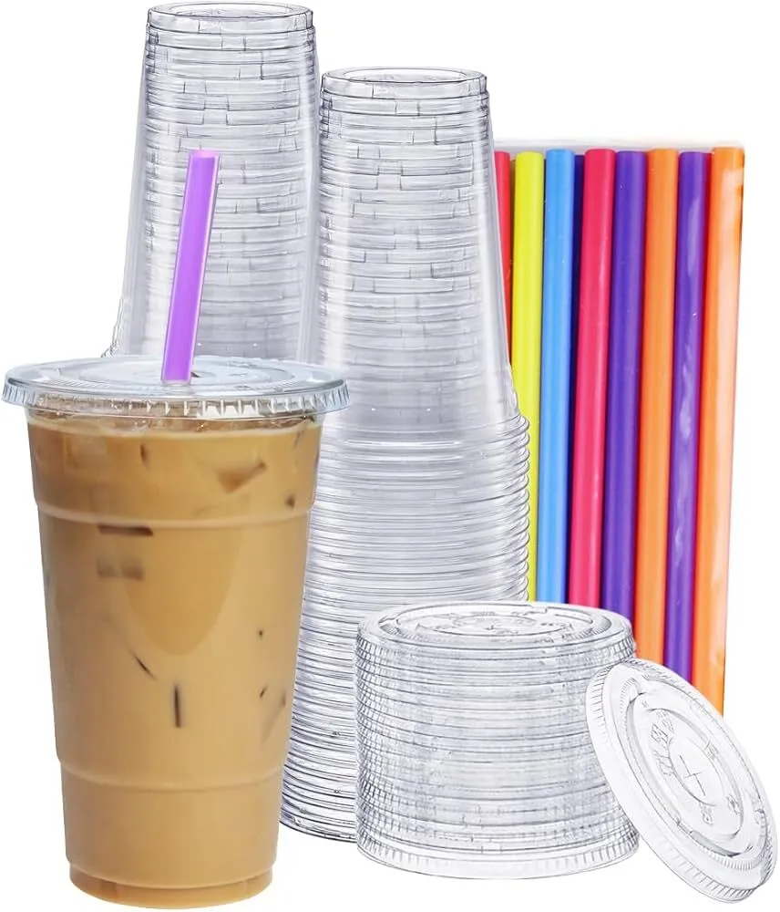 Plastic Drink Cups, Lids, Straws Set (16 oz)