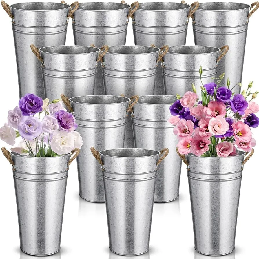 Rustic Metal Flower Vase - 8 Inches Tall - French Bucket - Farmhouse Style - Set of 2