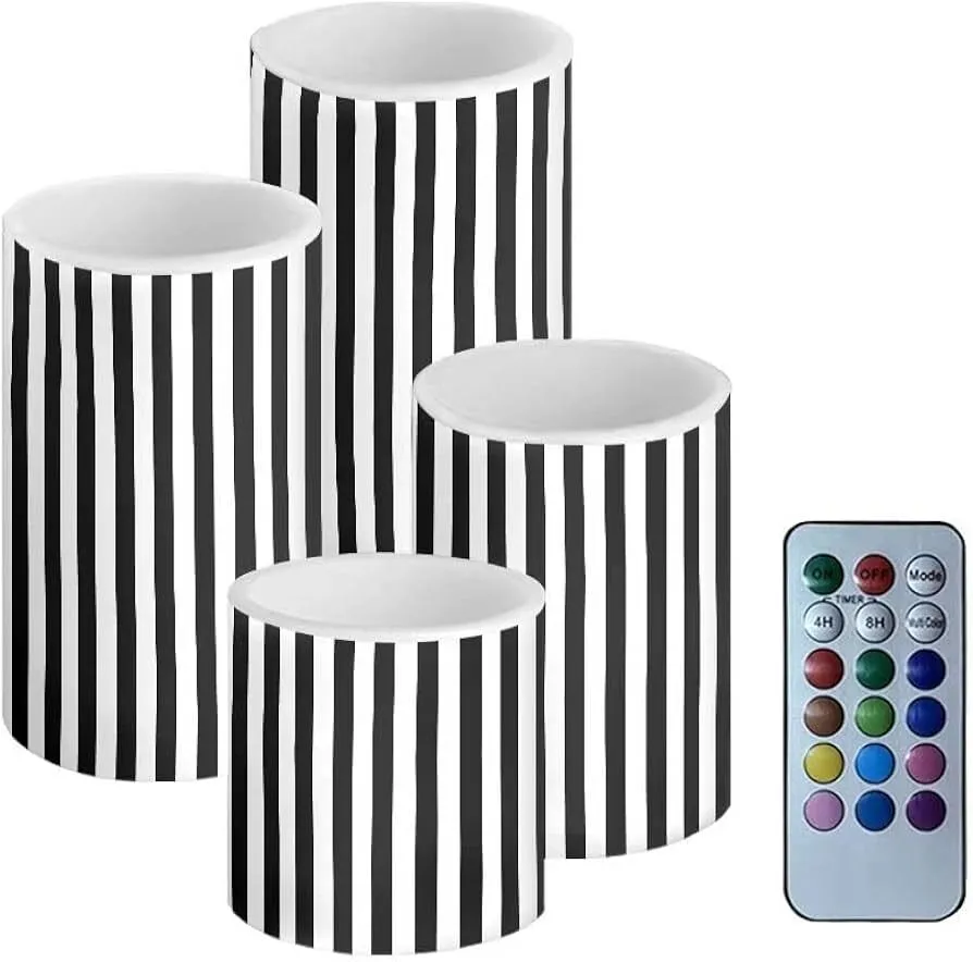 4 Piece Battery Flameless Candles Flickering with Black White Stripe, Real Wax Pillars Include Realistic Danicing LED Flames with Remote Control, Long Lasting Eletcric Votive Candles