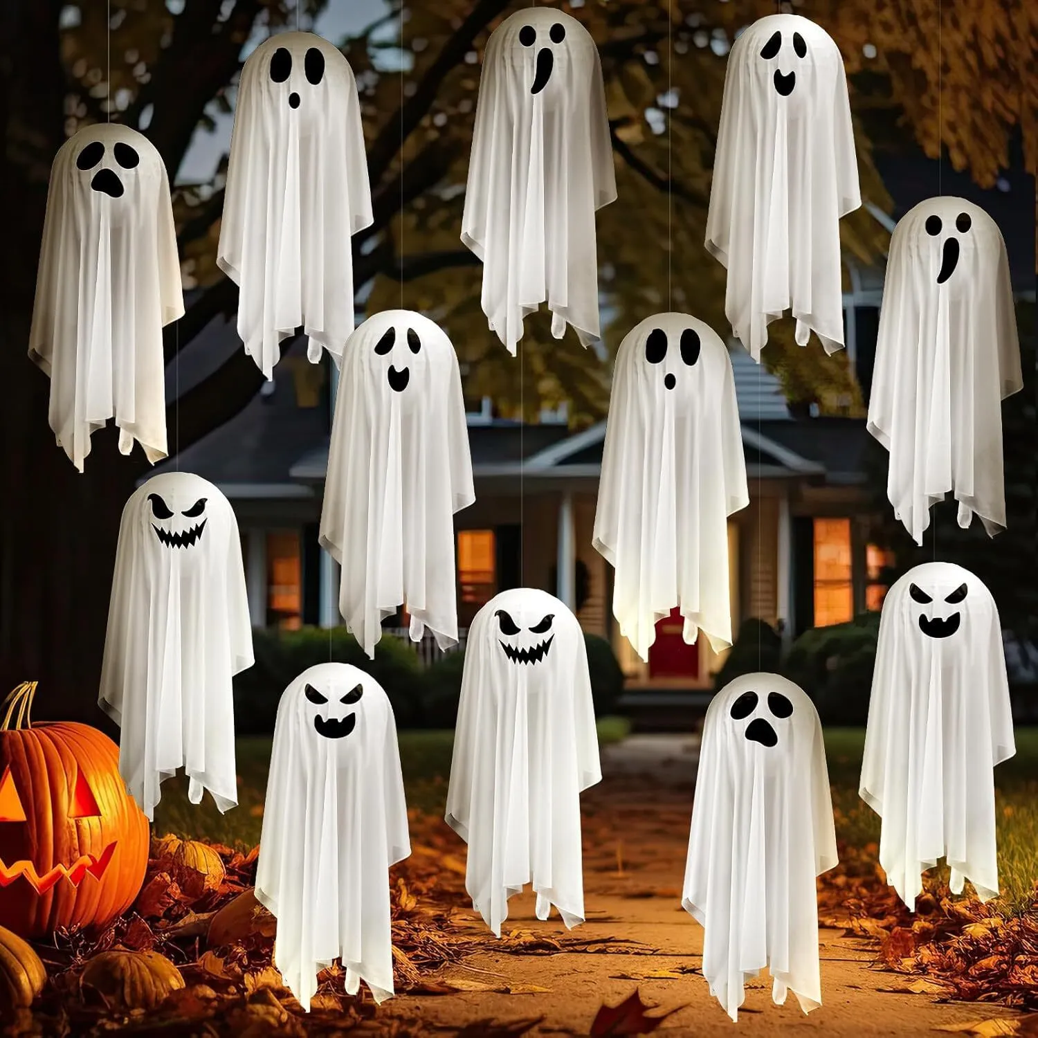 12 Pack Halloween Ghost Decorations Outdoor 23.6" Hanging White Ghost Decor Spooky Flying Ghost Halloween Tree Decor Cute Hanging Ghosts for Halloween Party Decor Front Porch Yard Garden
