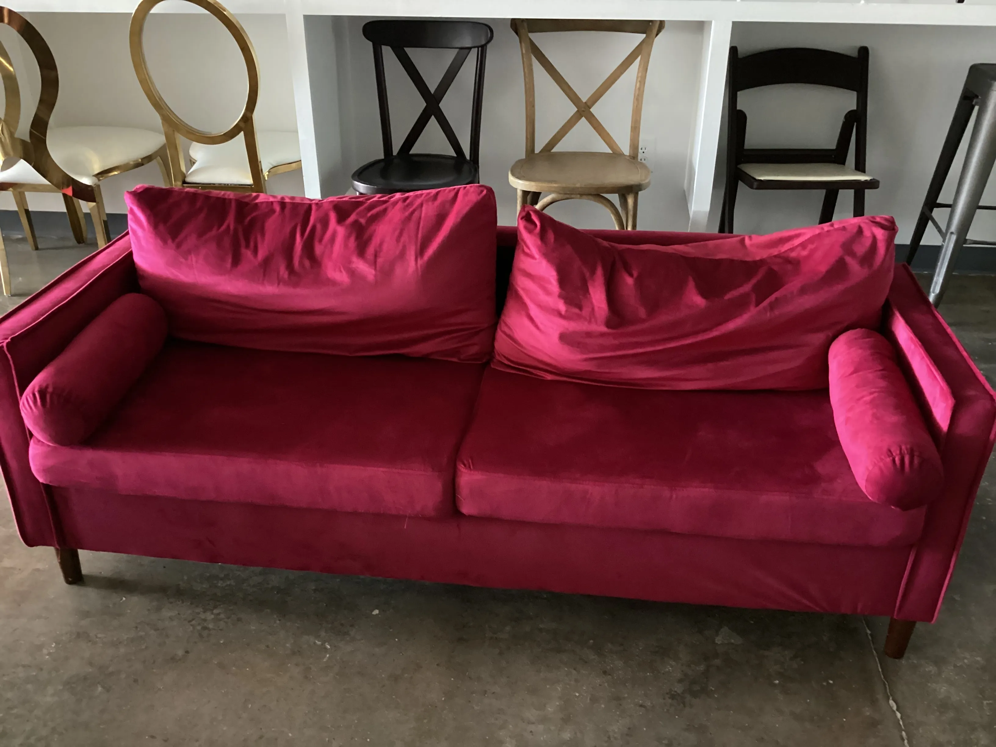 Red velvet couch 