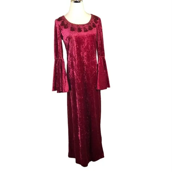 Burgundy Crushed Velvet Robe With Flutter Sleeve