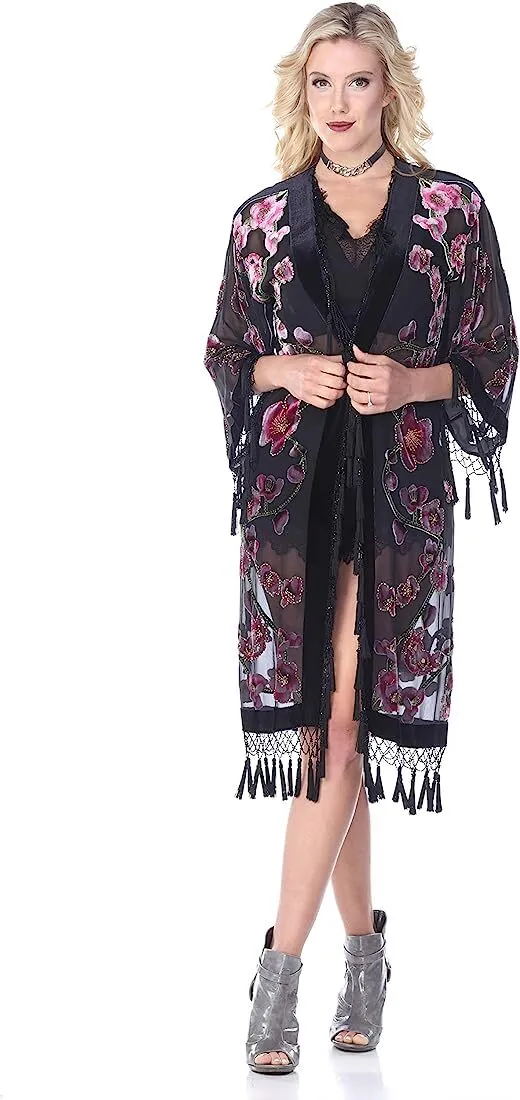 Black Burnout Velvet Floral Kimono Style Robe