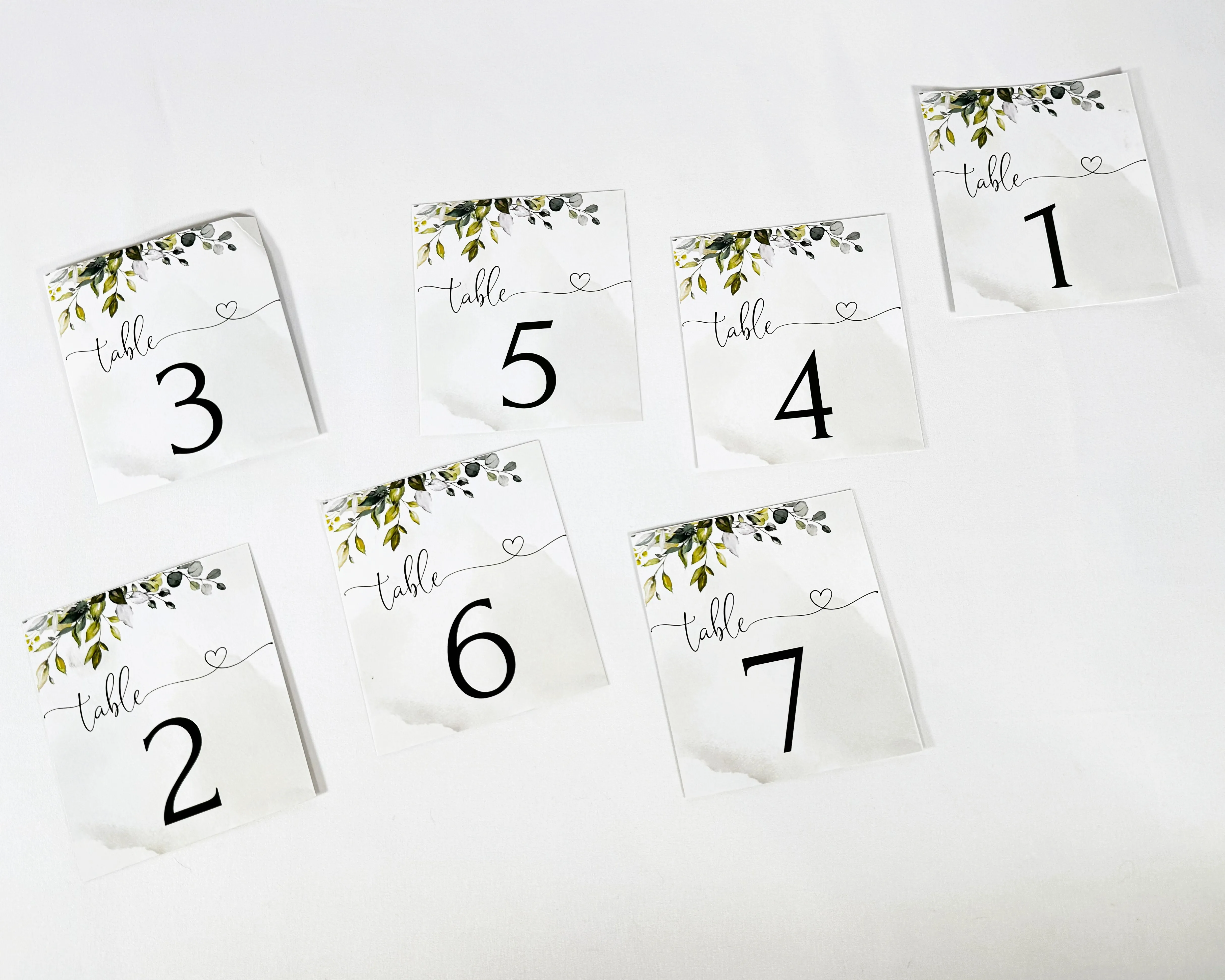 Green Florals Cards Table Numbers 1-7