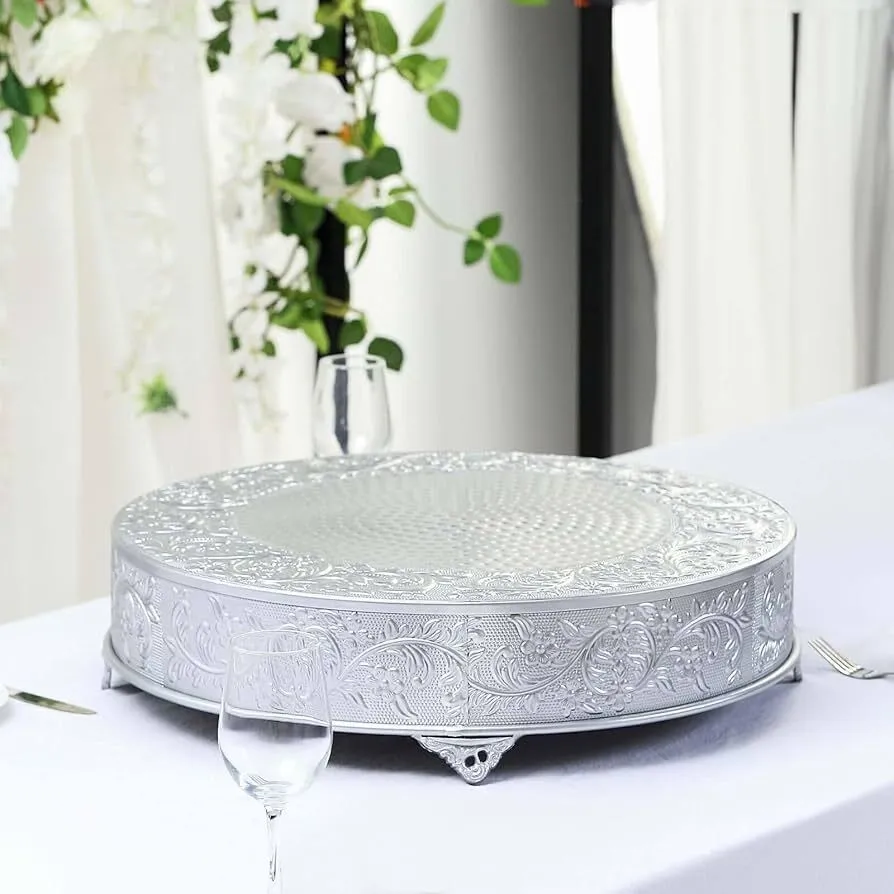 22" Round Embossed Cake Stand - Silver 