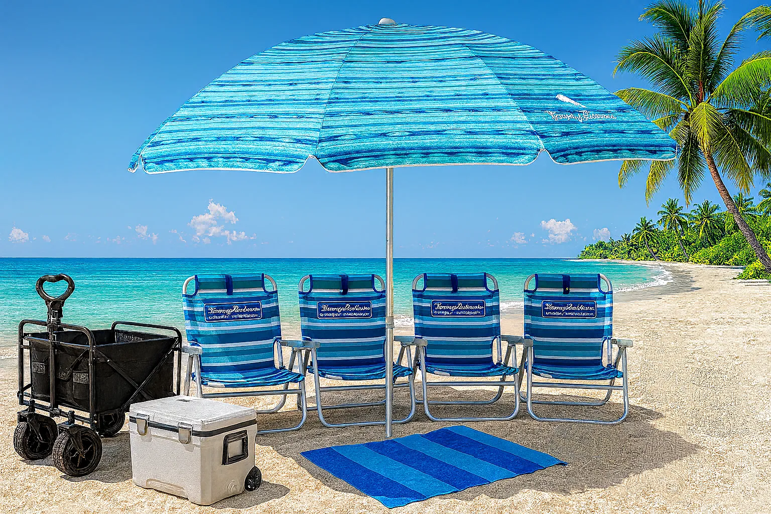 Luxury Beach Package - Umbrella (4 Chairs) - Large Rolling Cooler