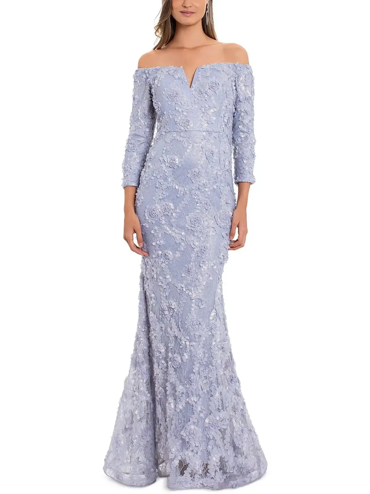 Xscape Off-shoulder Embroidered Light Blue Dress