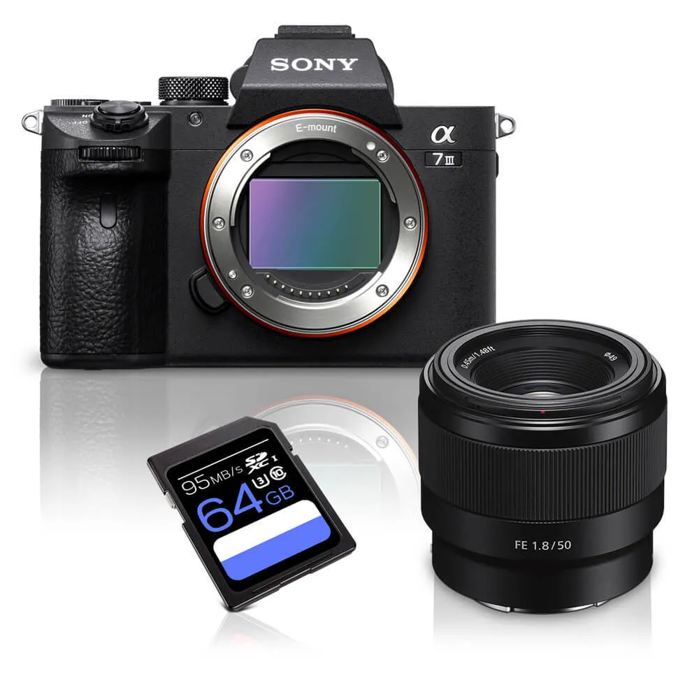 Kit Câmera Sony a7III Mirrorless + Lente Sony 50mm f/1.8 Full Frame + Cartão SDXC 64Gb