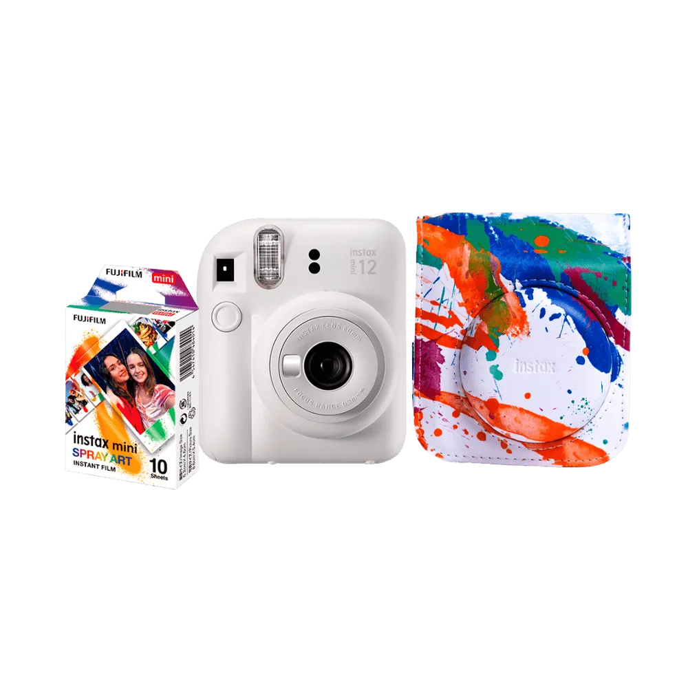 Kit Câmera Instantânea FujiFilm Instax Mini 12 Branca com Bolsa Spray Art e Pack 10 Filmes Spray Art