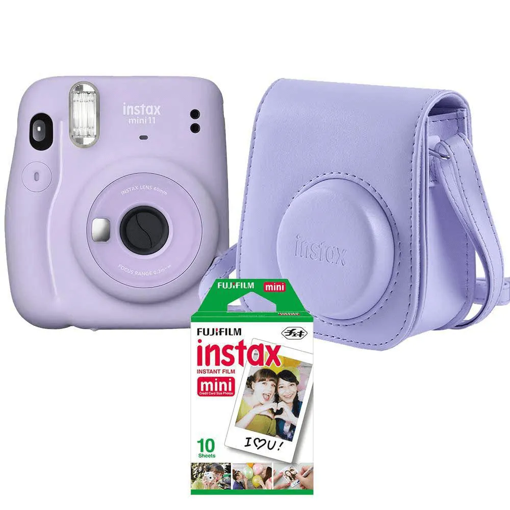 Kit Câmera Instantânea FujiFilm Instax Mini 11 Lilás + Bolsa Couro + Pack 10 Fotos Instantâneas