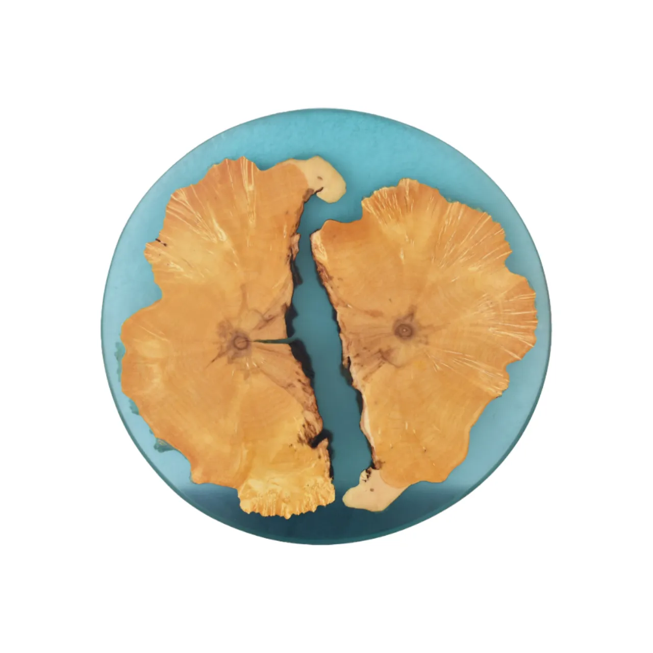 Rondin de bois avec résine époxy turquoise