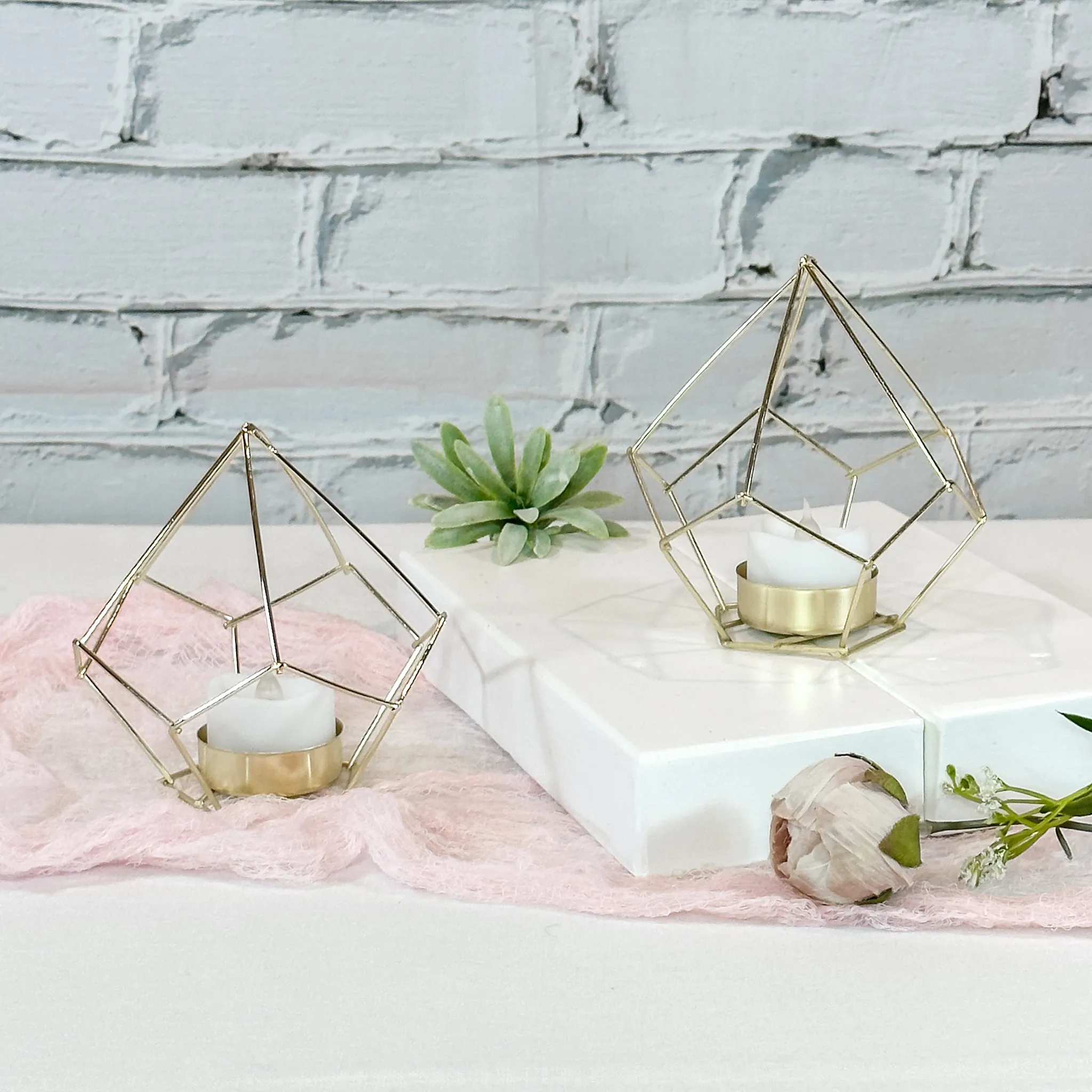 Gold Diamond Geometric Metal Tea Light Holder