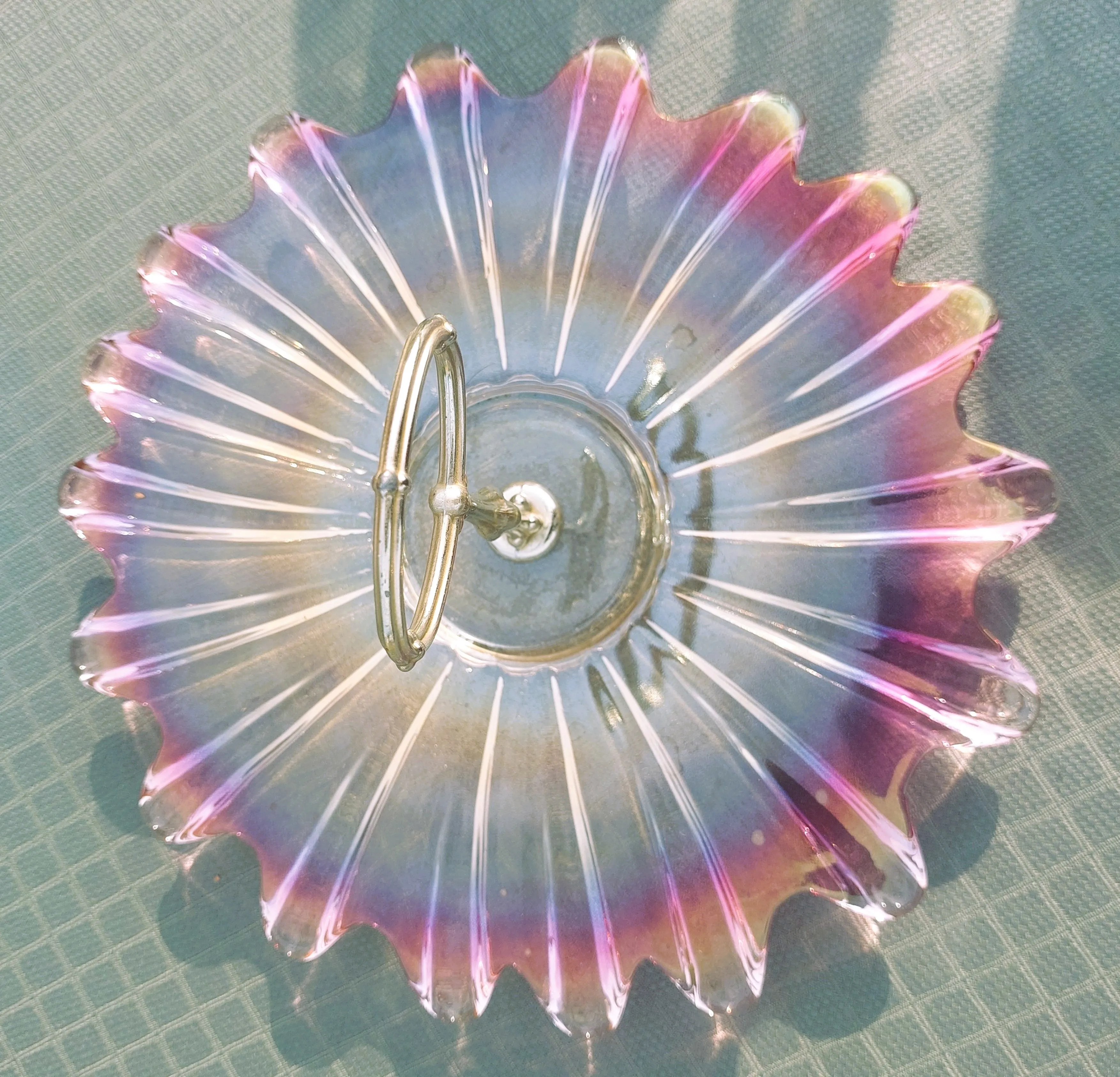 Vintage Federal Glass sunburst pattern plate with chrome handle