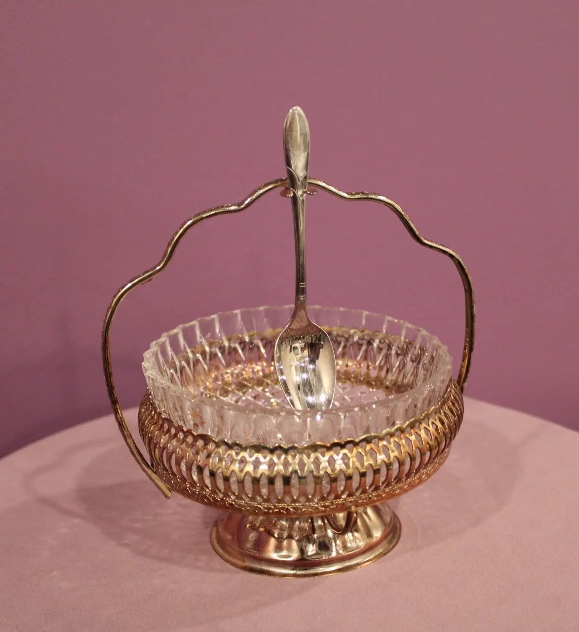 Vintage Glass Condiment Serving Dish in Filigreed Basket