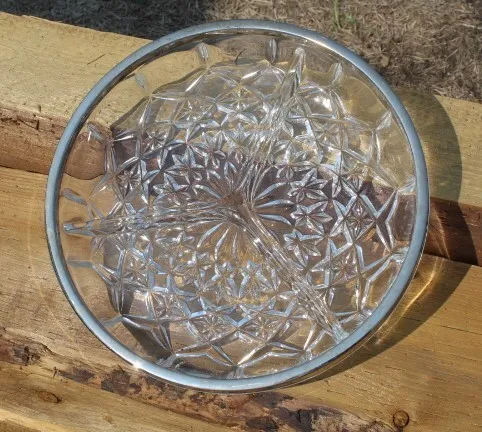 Lead Crystal Divided Serving Dish w/ Chrome Rim - Vintage