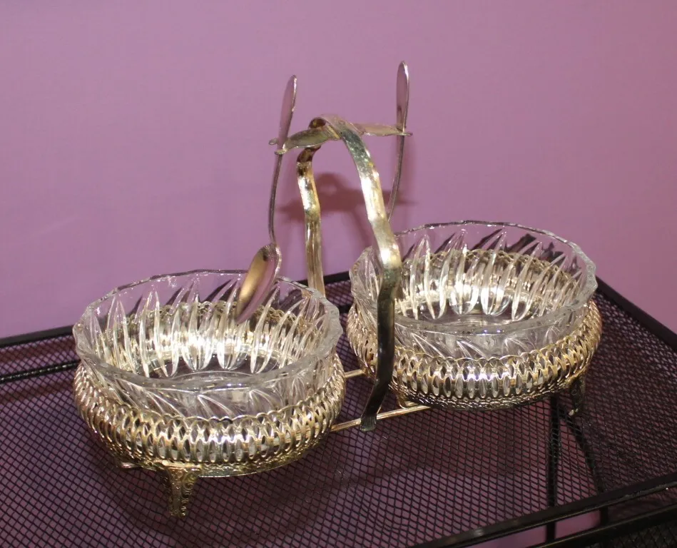 Vintage Double Glass Condiment Serving Dish in Filigreed Basket