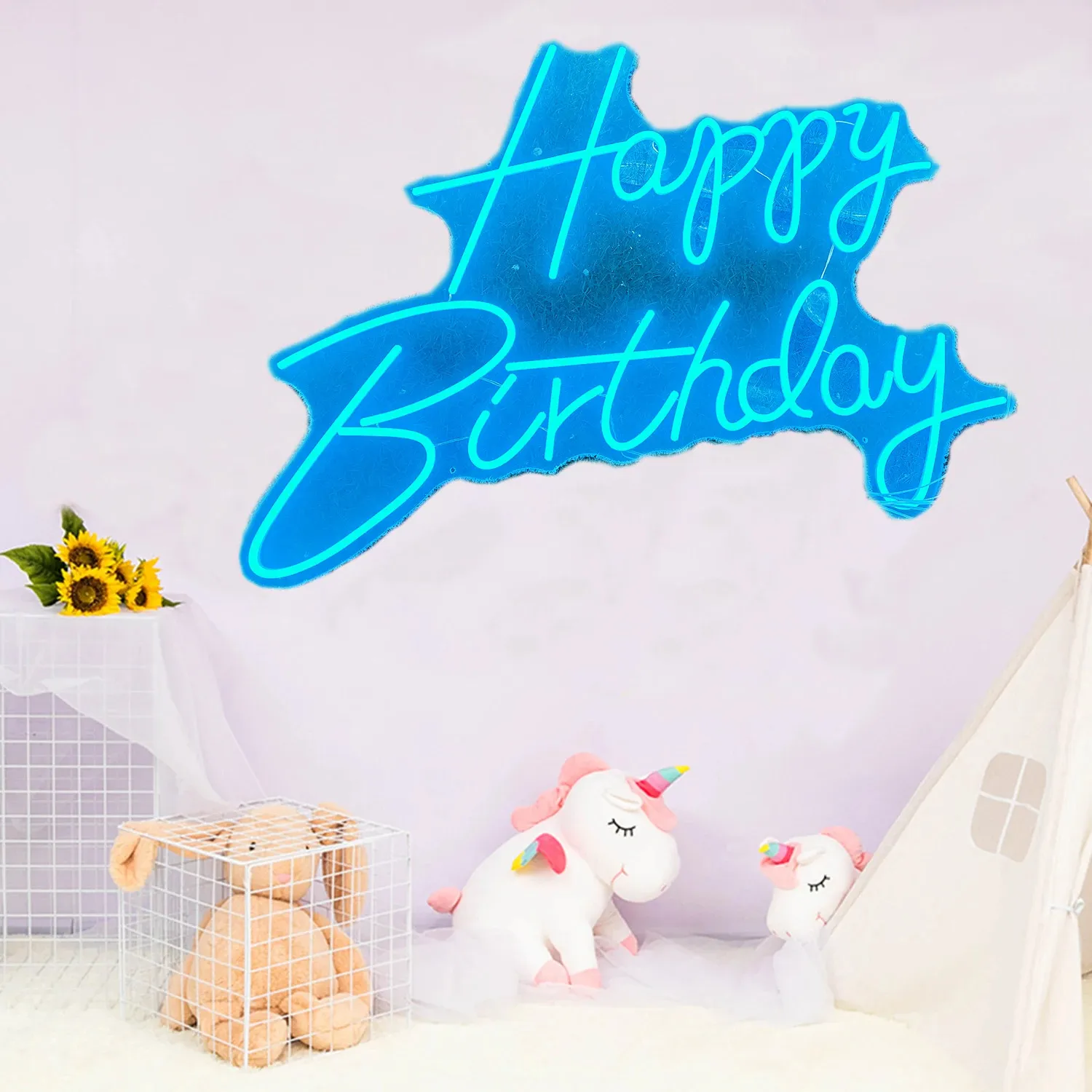 Blue Happy Birthday neon sign,
