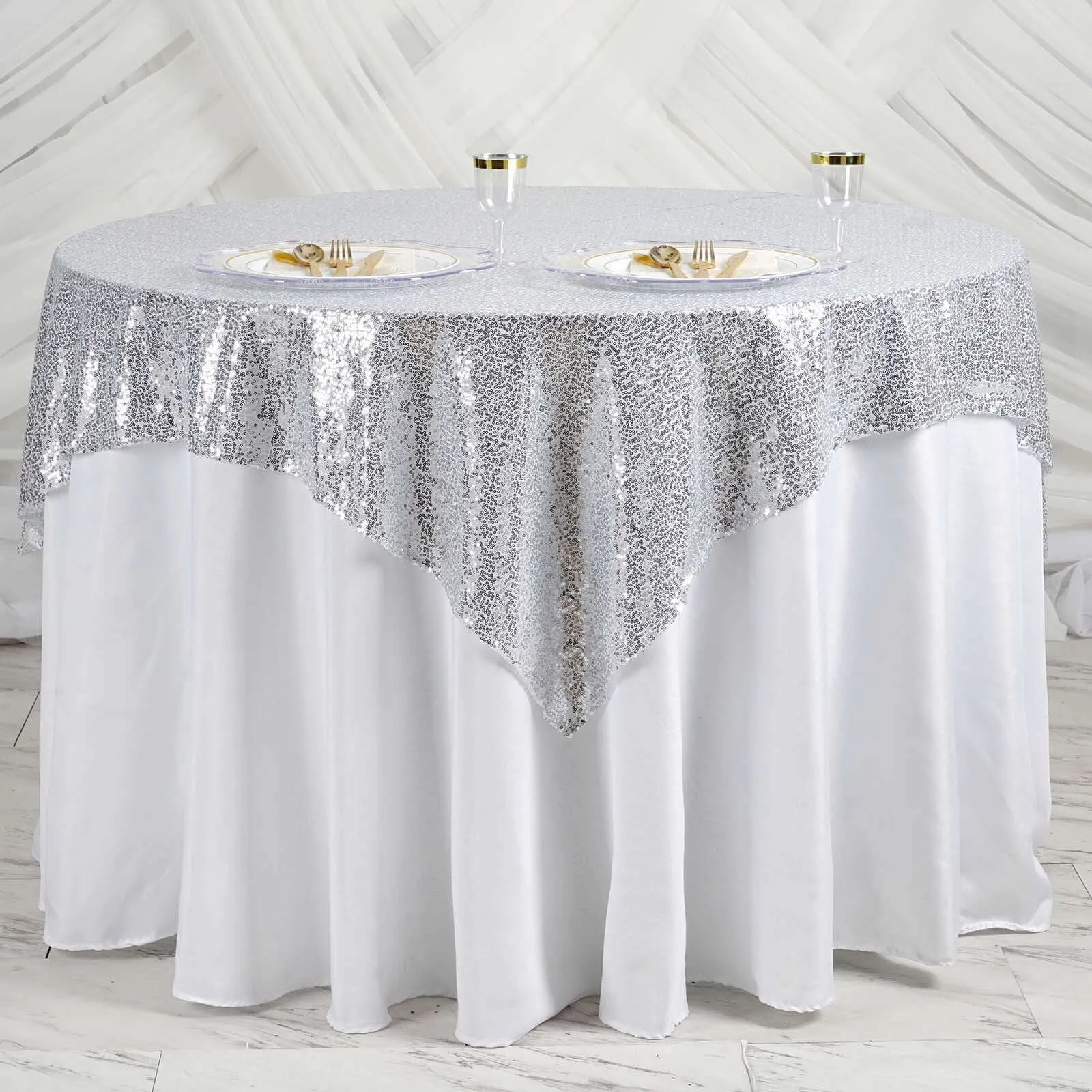 	 60" x 60" Silver Duchess Sequin Square Overlay