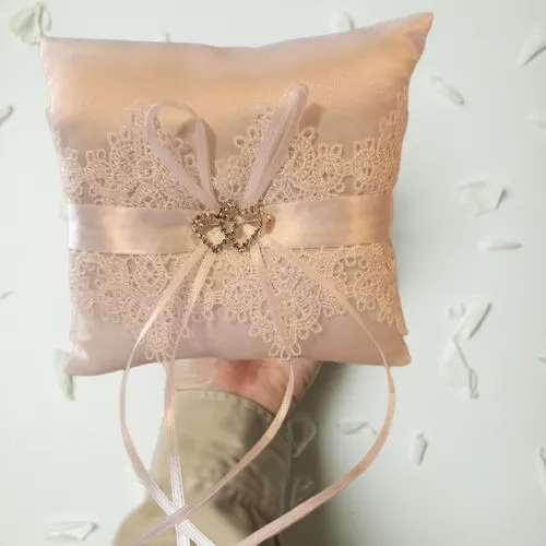 Ring Bearer Pillow Double Heart White Satin and Lace