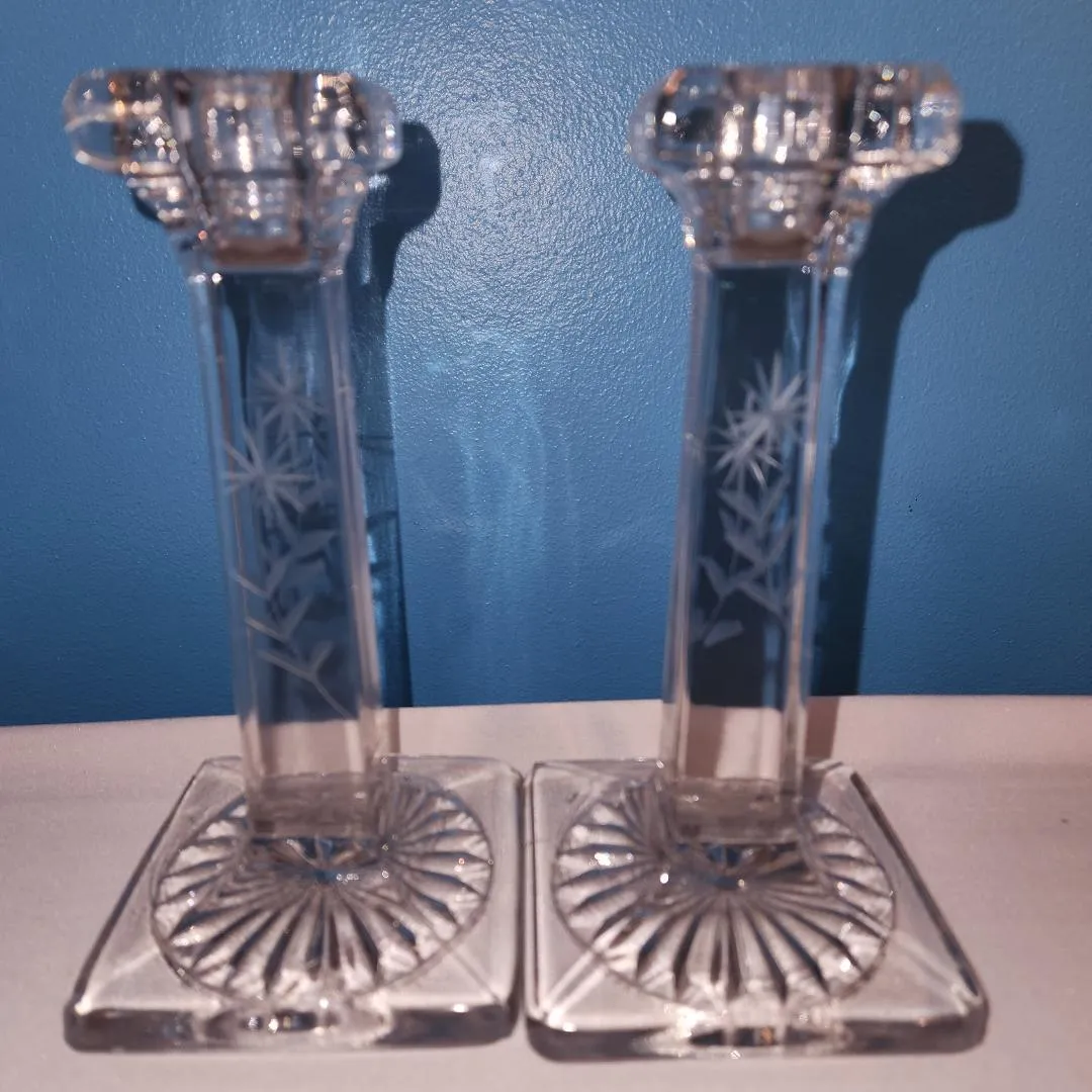 Glass Taper Candle Holders Clear with Etched Flowers  (SET OF 2)