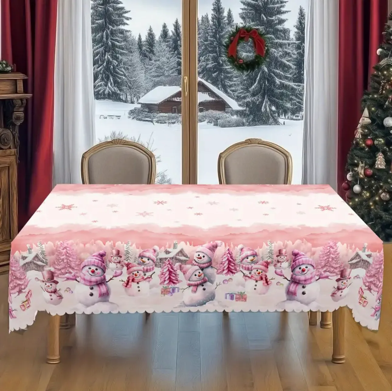 Holiday Christmas-themed tablecloth, pink snowman pattern tablecloth 
