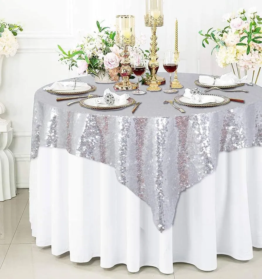 Sequin 72"x72" Table Overlay Square Tablecloth Silver - Sparkly Table Cover