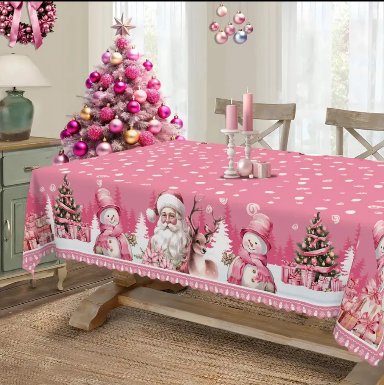 Pink Santa & Reindeer Christmas Tablecloth 