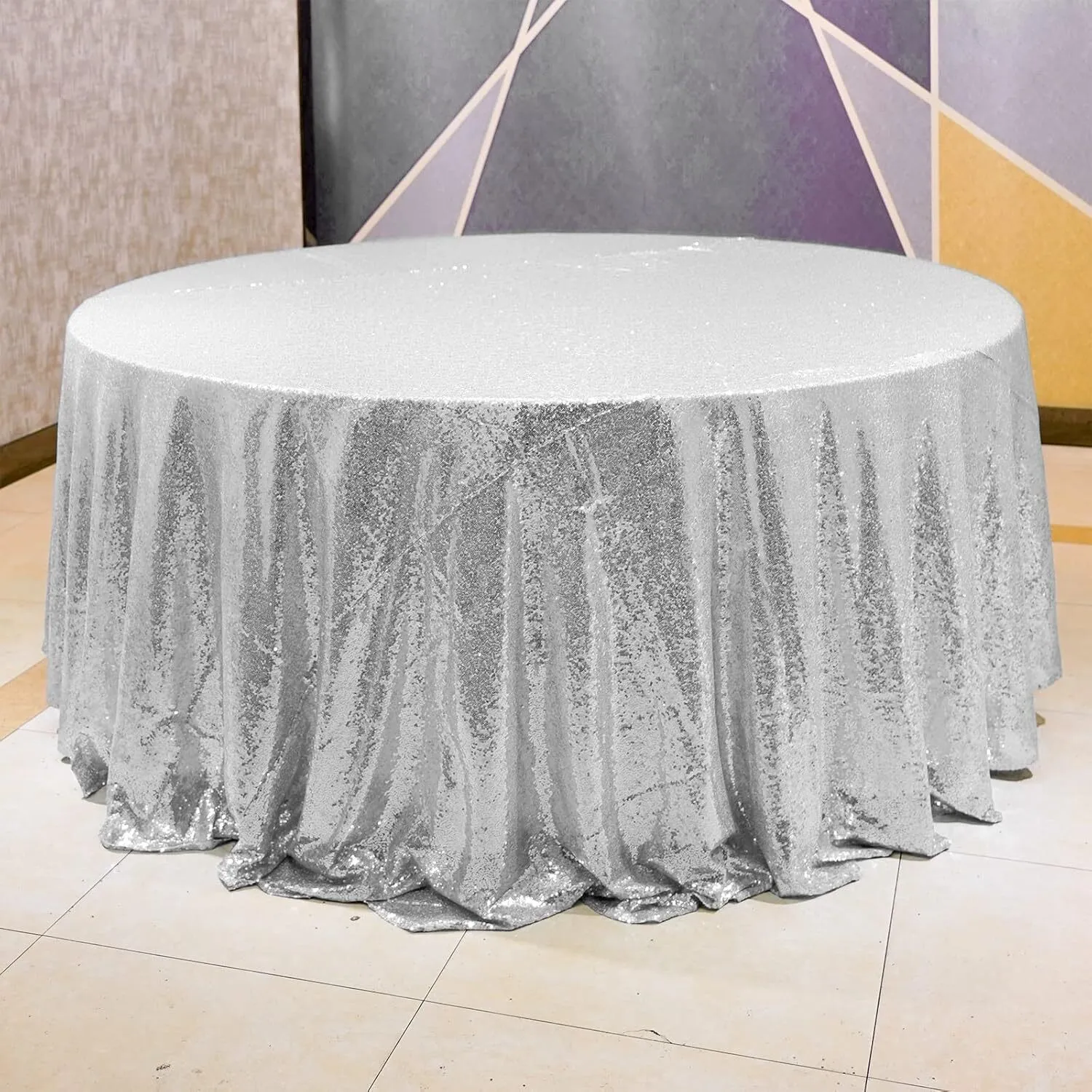 Silver Sequin Tablecloth 120" Round Sequin Tablecloth Shimmer Table Cloth Sparkly Drape Table Cover Decorations for Engagement Weddings Party Baby Bridal Shower Decorations