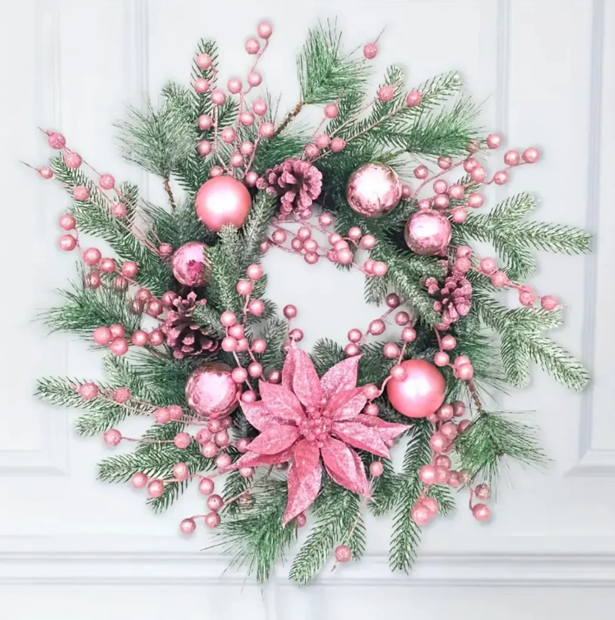 Holiday 20-Inch Pink Christmas Wreath with Snowy Frosted Pine, Poinsettia Flowers & Berries 
