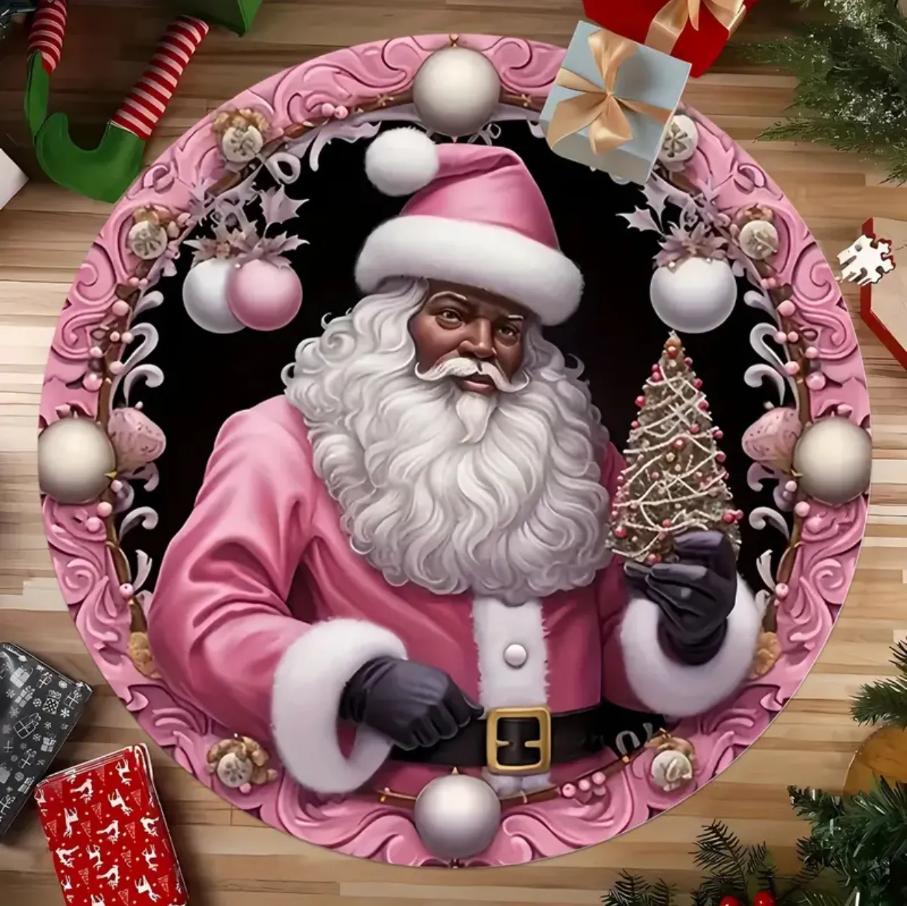 Holiday 1pc, Christmas Black Santa Round Rug