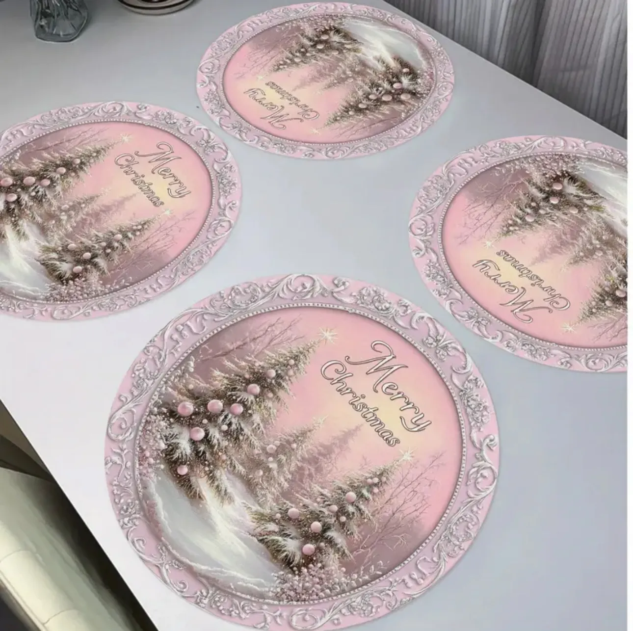 Holiday Set of 4 Merry Christmas Polyester Round Placemats - Woven Lace Pink Xmas Trees Design, 15" Festive Table Mats for Holiday Kitchen Dining Decor, Hand Washable, High Quality and Durable