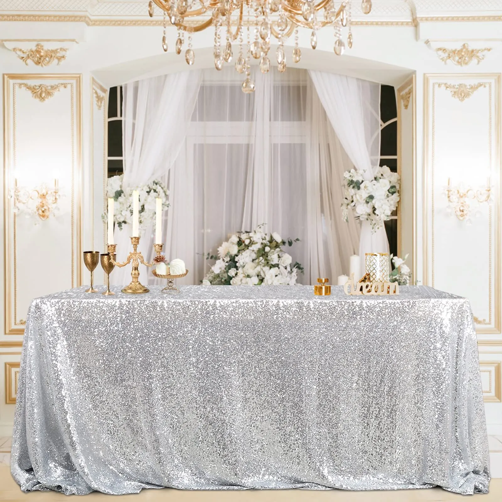 B-COOL 60x102 Inch Silver Tablecloth Christmas Rectangle Silver Sequin Tablecloth Sequin Table Linens Glitter Tablecloth Wedding Sequin Tablecloth for Xmas Halloween