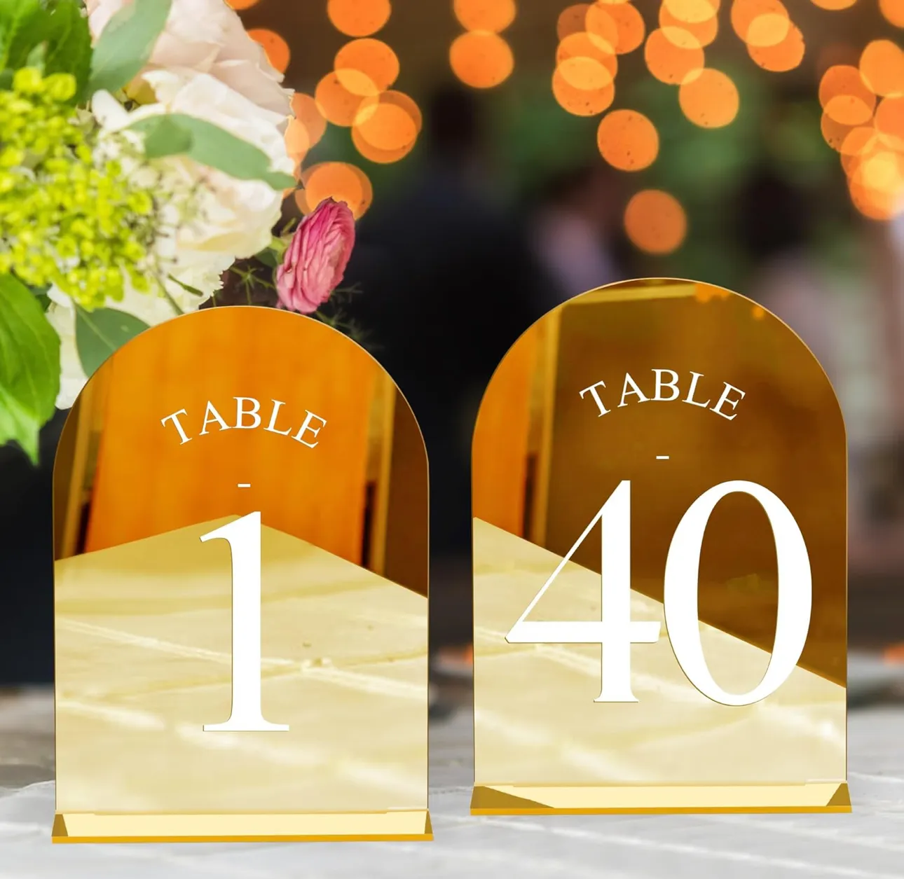 JOYIT Arch Wedding Table Numbers 1-40 with Stands – 5" X 7" Acrylic Mirrored Gold Table Number Holders, Perfect for Wedding Receptions, Parties, Anniversaries, and Events