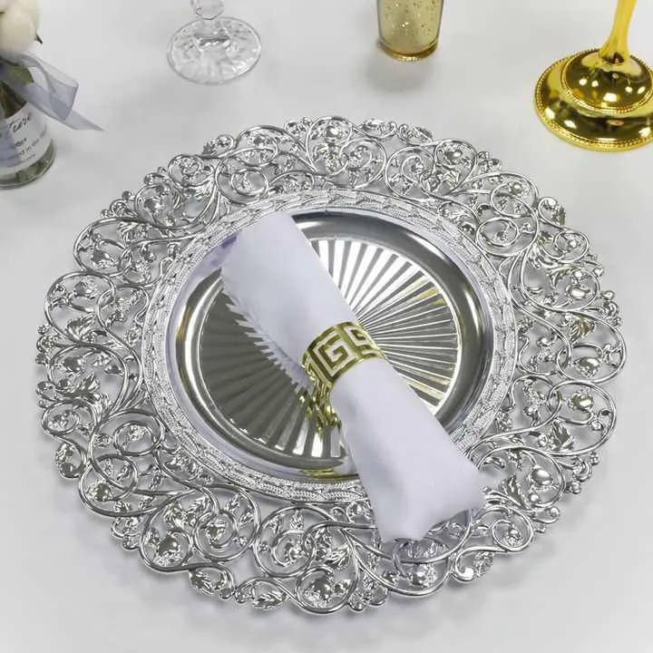 13 Inch Round Party Table Decoration Silver Flower Pattern Plastic Charger Plates