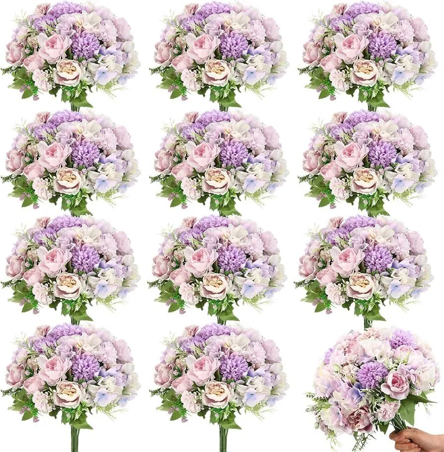 Tigeen 24 Bundles Peonies Artificial Flowers Faux Roses Silk Flowers Hydrangea Artificial Bouquet for Wedding Table Centerpiece Floral Vase Home Office Bridal Decor (Purple)