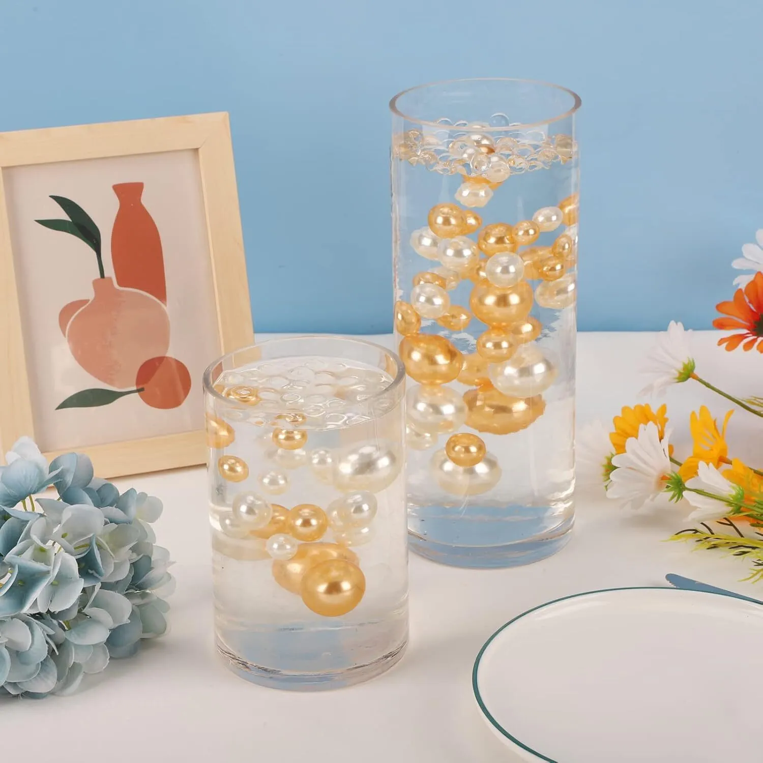 SUREAM Assorted Pearls and 2300PC Water Gel Beads, 100PC Floating No Hole Round Bead for Vase Fillers, Wedding, Birthday, Table Scatters, Centerpiece, Party Decor, 14/20/30mm, Ivory and Gold