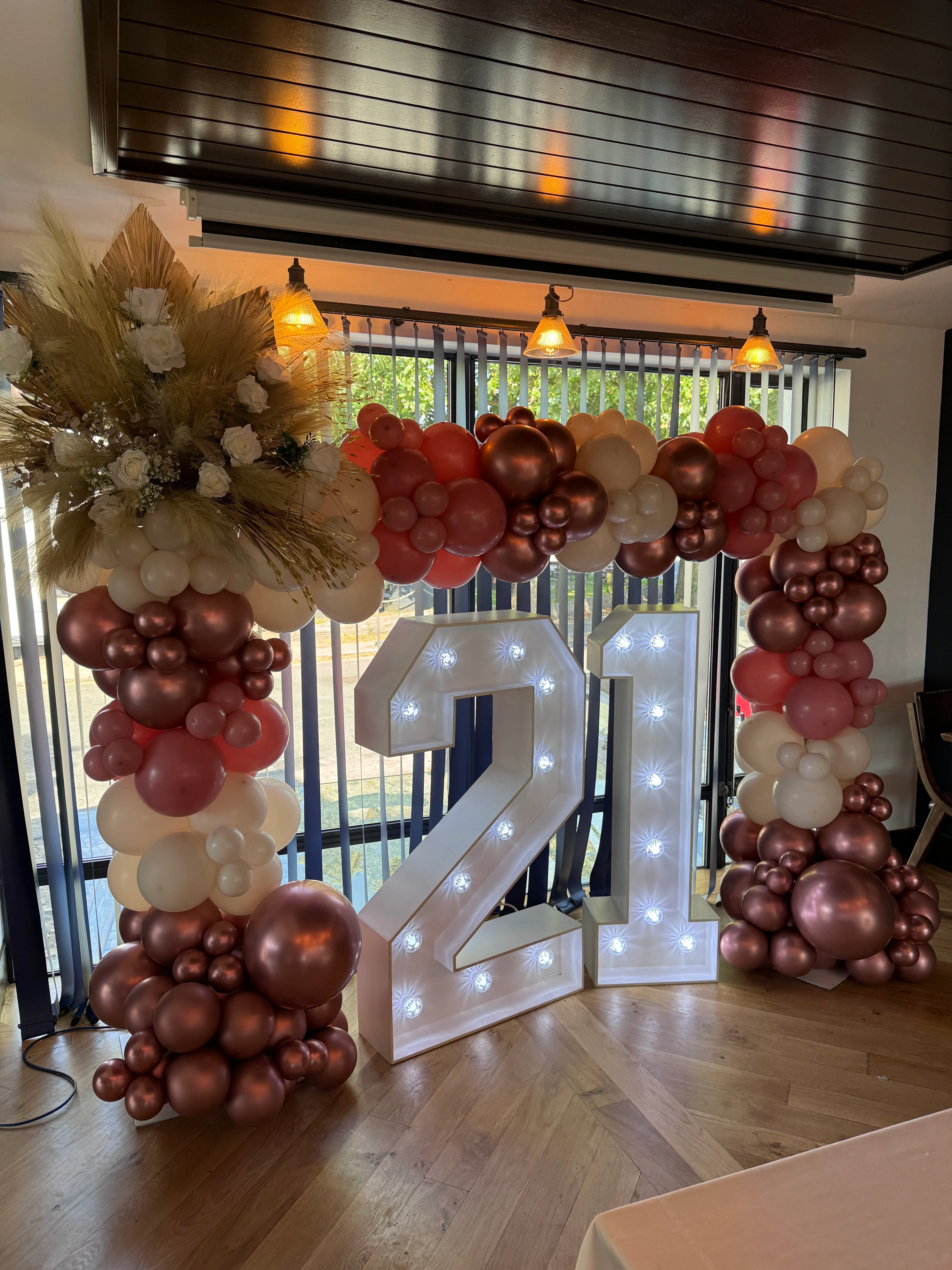 Rose Gold & Blush Balloon Arch with Double Light Up Numbers