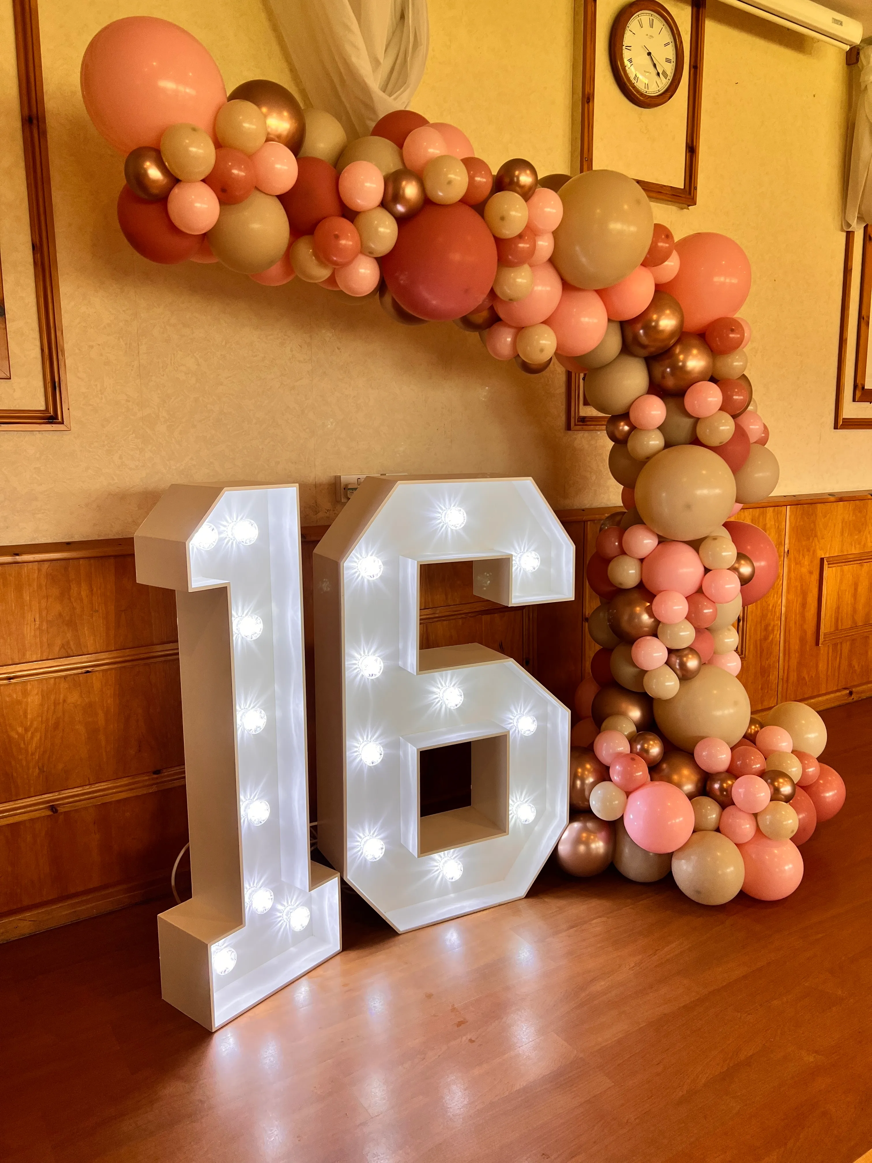 Rose Gold Demi Balloon Arch with Double Light Up Numbers