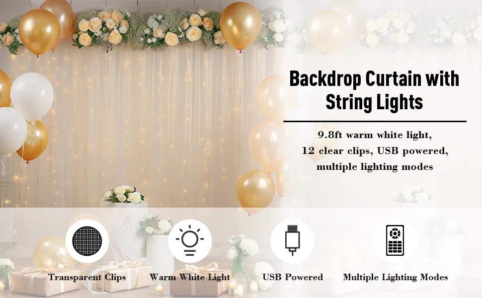 10x10 sheer champagne colored tulle backdrop curtain with lights
