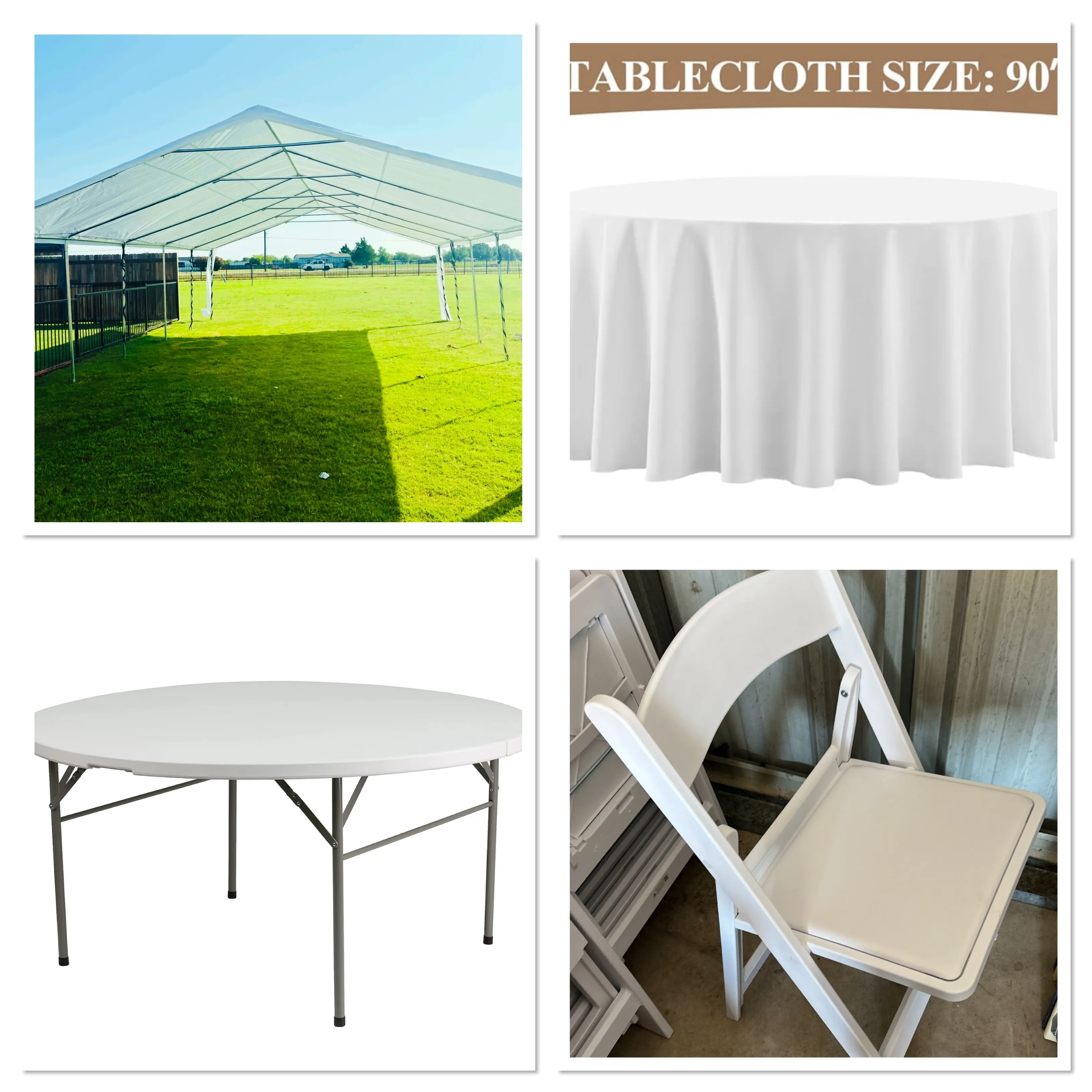 Majestic Bundle: 20x30 Tent, (4)- 5Ft Round Tables, (4)-White Tablecloths,(32)-White Padded Garden Chairs 