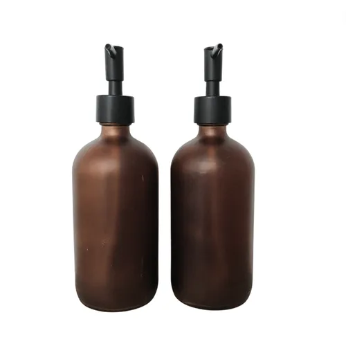 Amber Frosted Glass Pump Bottle Set 2